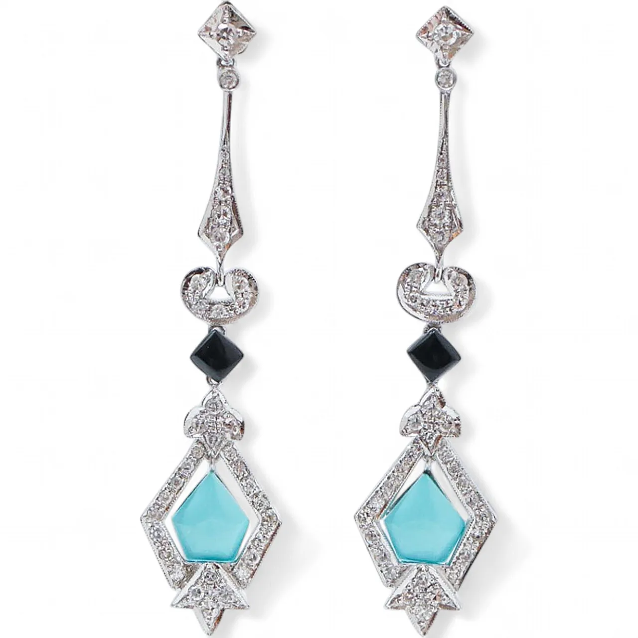Turquoise, black agate, diamonds, platinum earrings, 1970s 7