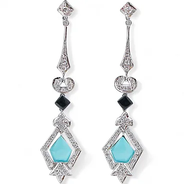 Turquoise, black agate, diamonds, platinum earrings, 1970s