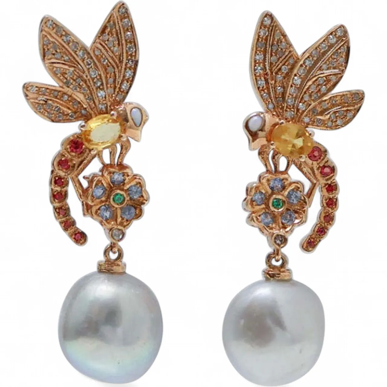 Gray pearls, sapphires, diamonds, opals, 14 Kt  gold earrings, 1970s 7
