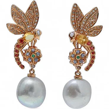 Gray pearls, sapphires, diamonds, opals, 14 Kt  gold earrings, 1970s