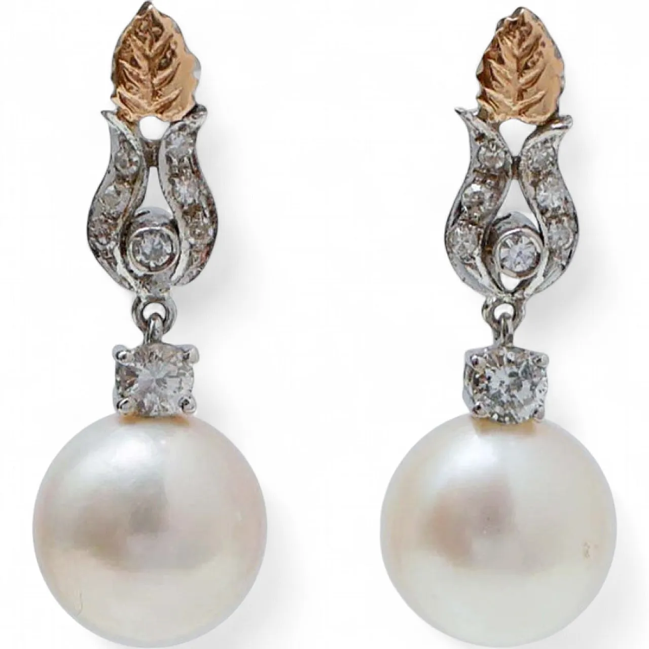 Pearls, diamonds, 14 karat white gold and rose gold earrings, 1970s 7