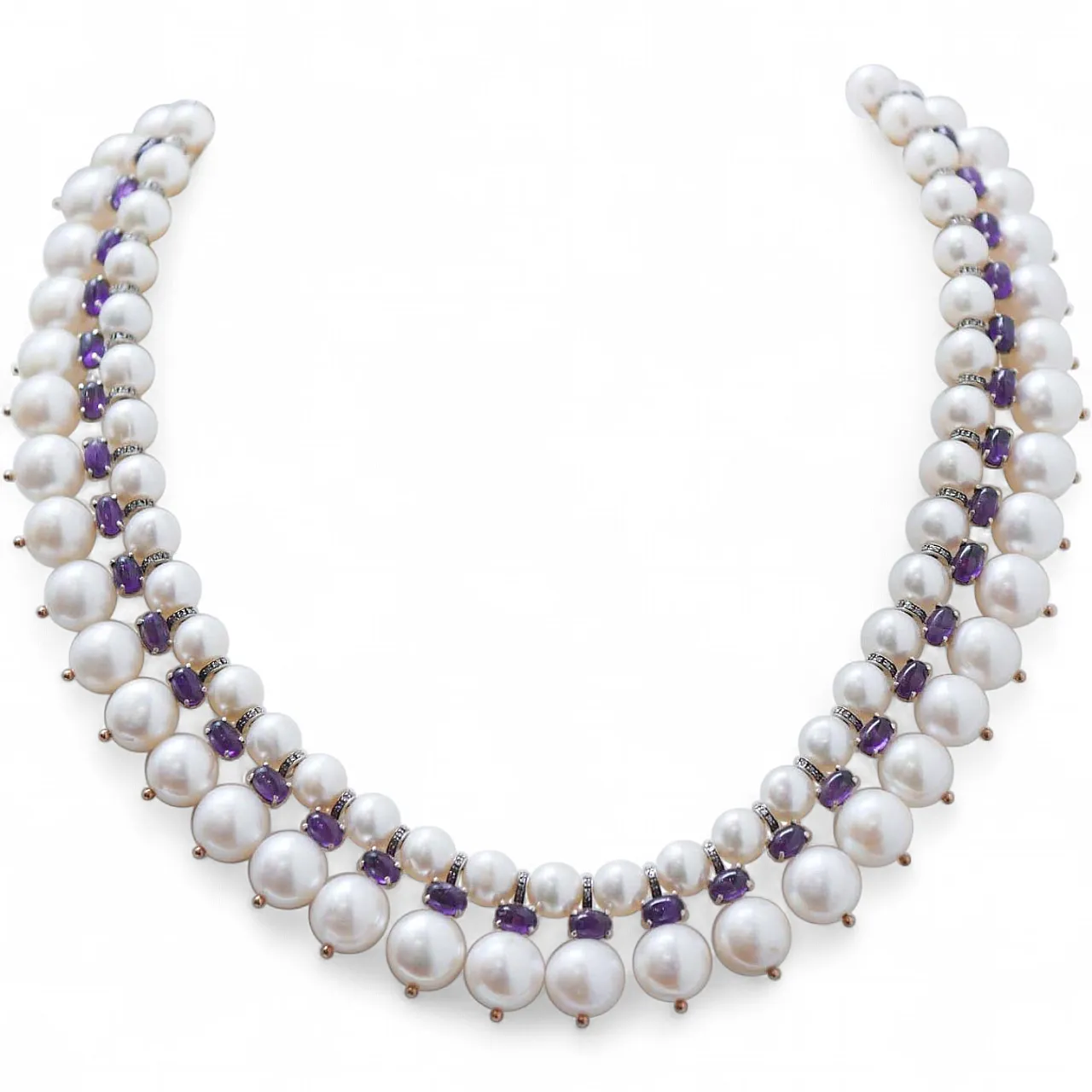 Pearls, amethysts, diamonds, rose gold and silver necklace, 1970s 8