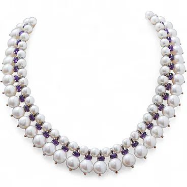 Pearls, amethysts, diamonds, rose gold and silver necklace, 1970s
