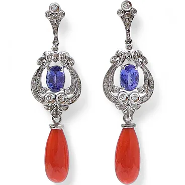 Coral, tanzanite, diamonds, 14 karat white gold earrings, 1980s