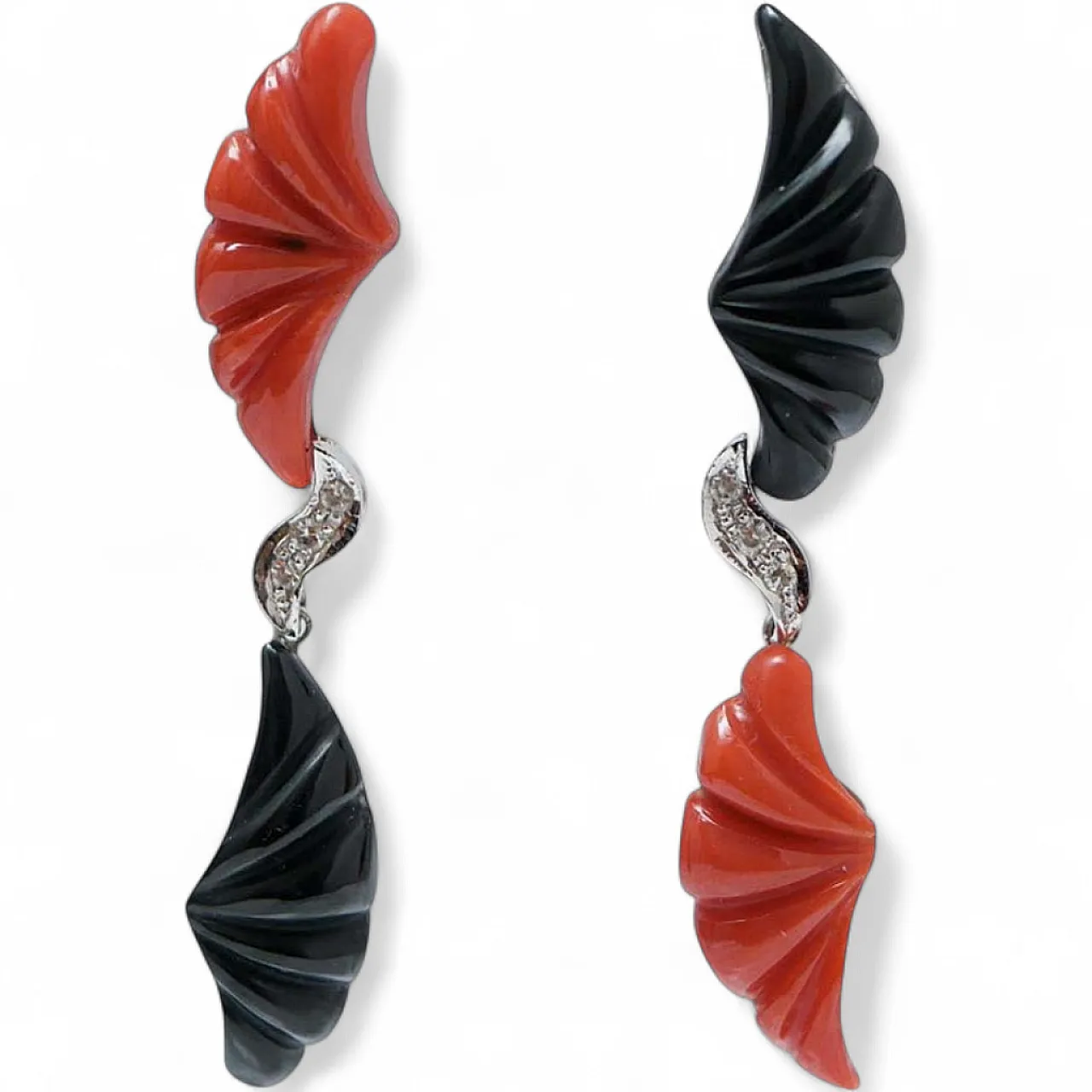 Coral, black agate, diamonds, platinum earrings, 1970s 7