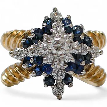 Sapphires, diamonds, 14 karat yellow gold ring, 1950s