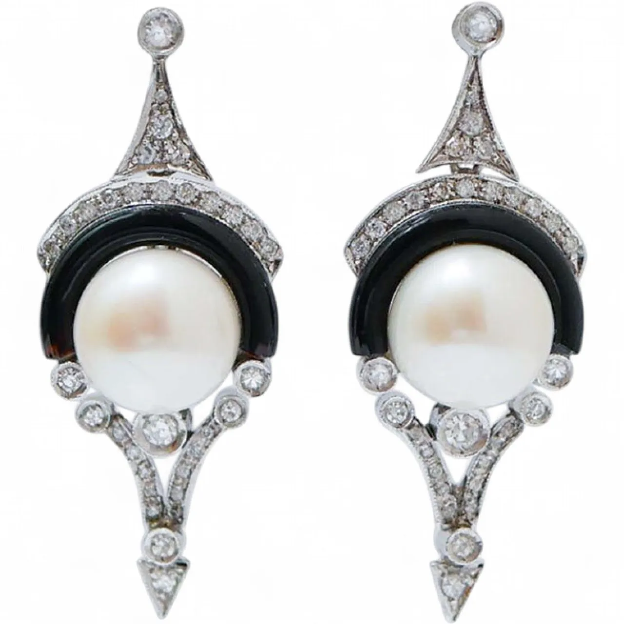 Pearls, black agate, diamonds, platinum earrings, 1970s 7