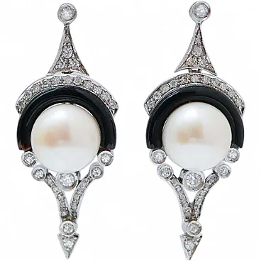 Pearls, black agate, diamonds, platinum earrings, 1970s