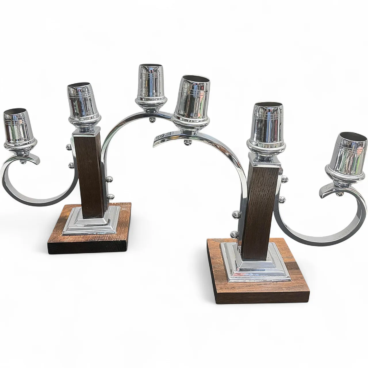 Pair of fruit wood and chromed metal candelabras, 1940s 11