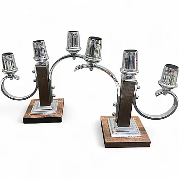 Pair of fruit wood and chromed metal candelabras, 1940s