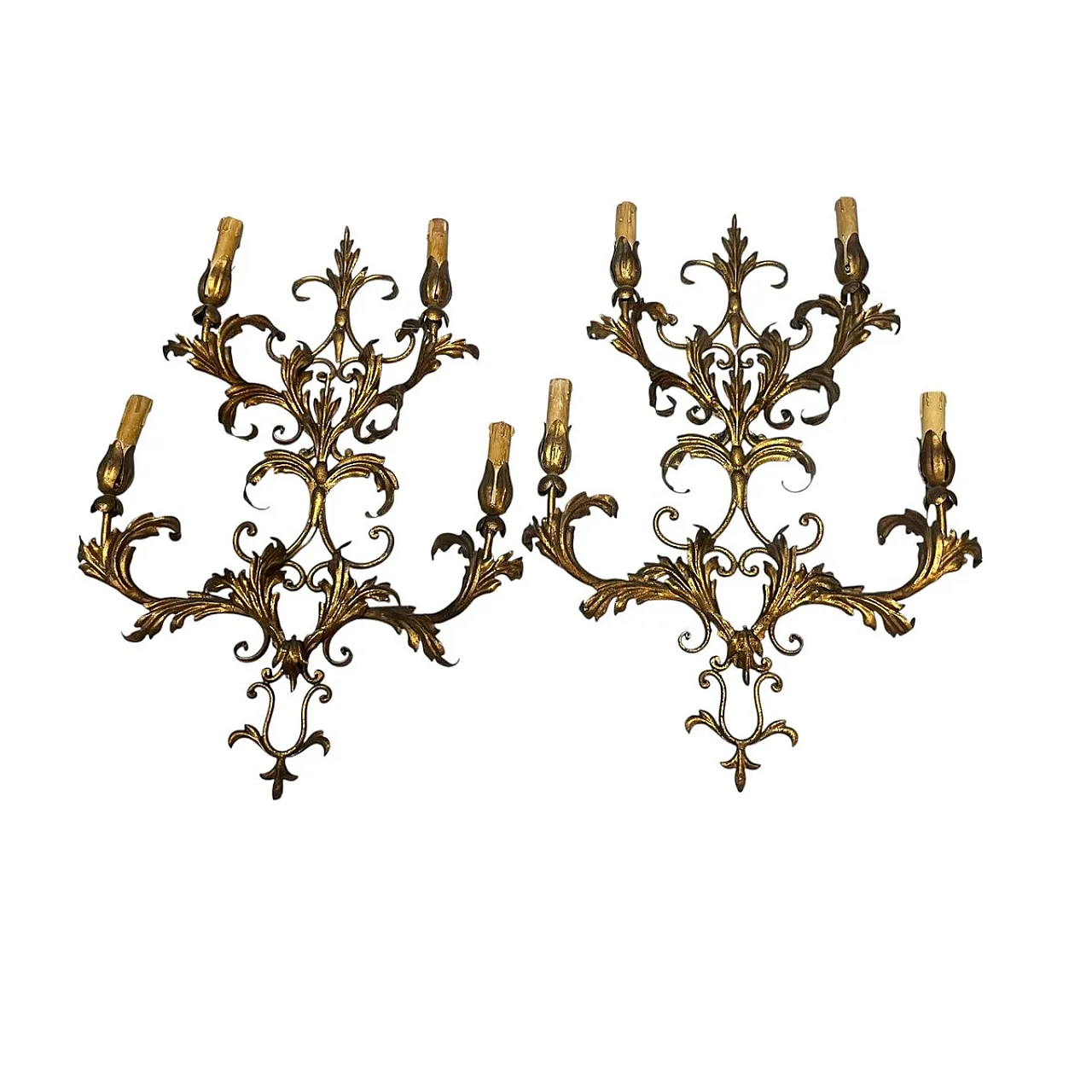 Large golden Florentine wall lights, 1960s, set of 2 1