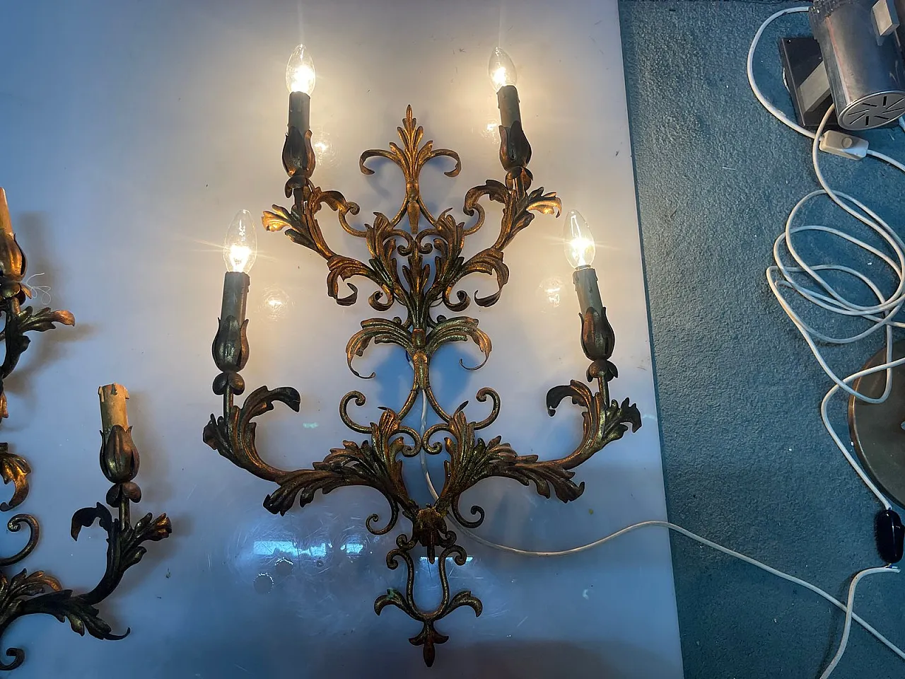 Large golden Florentine wall lights, 1960s, set of 2 4