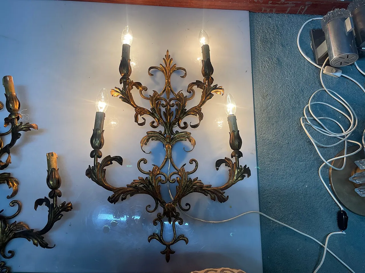 Large golden Florentine wall lights, 1960s, set of 2 7