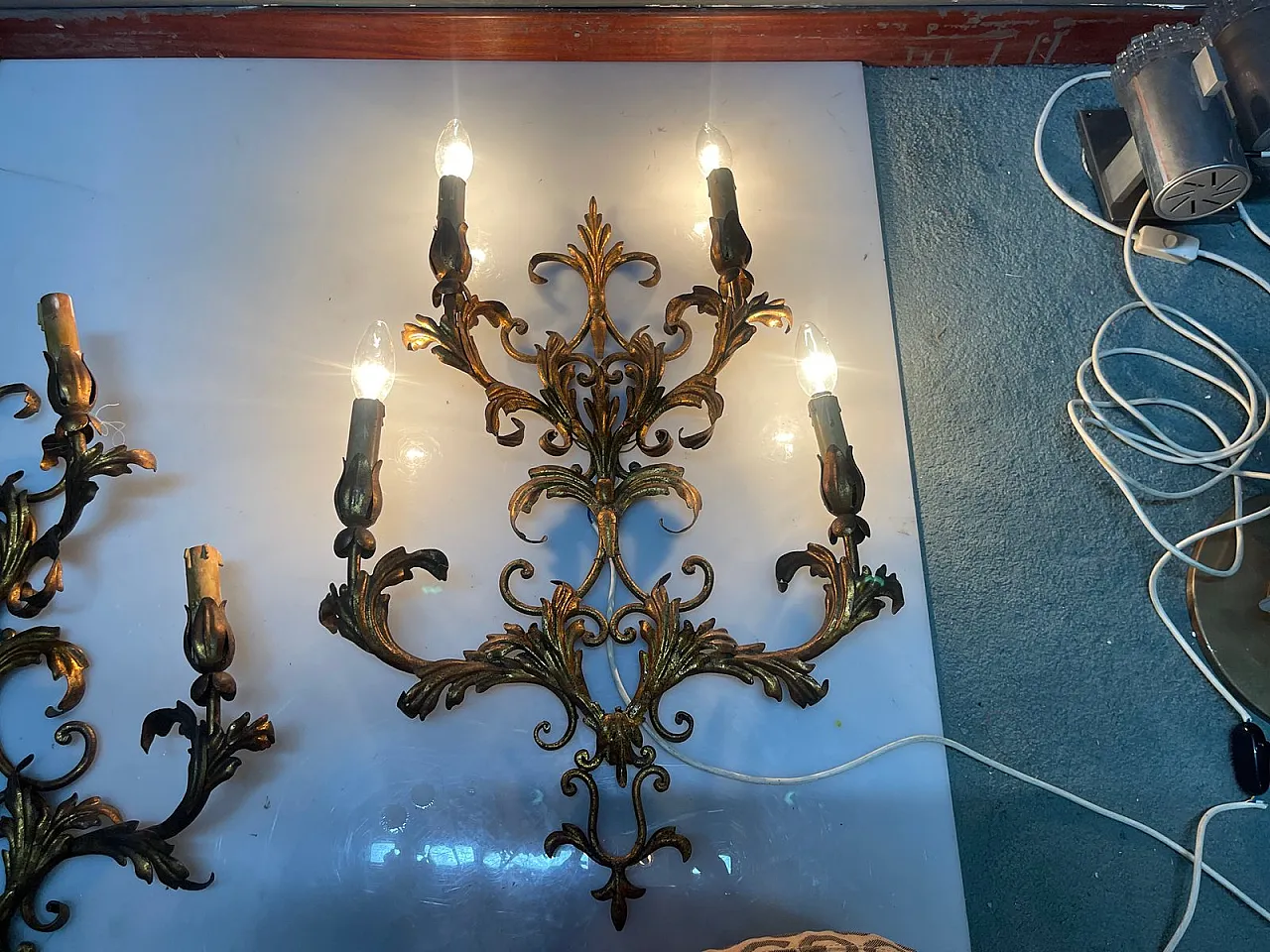 Large golden Florentine wall lights, 1960s, set of 2 8