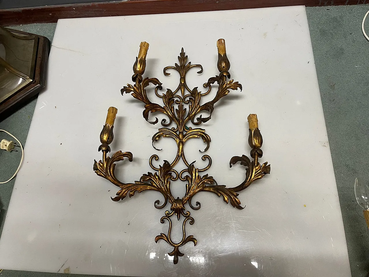 Large golden Florentine wall lights, 1960s, set of 2 9