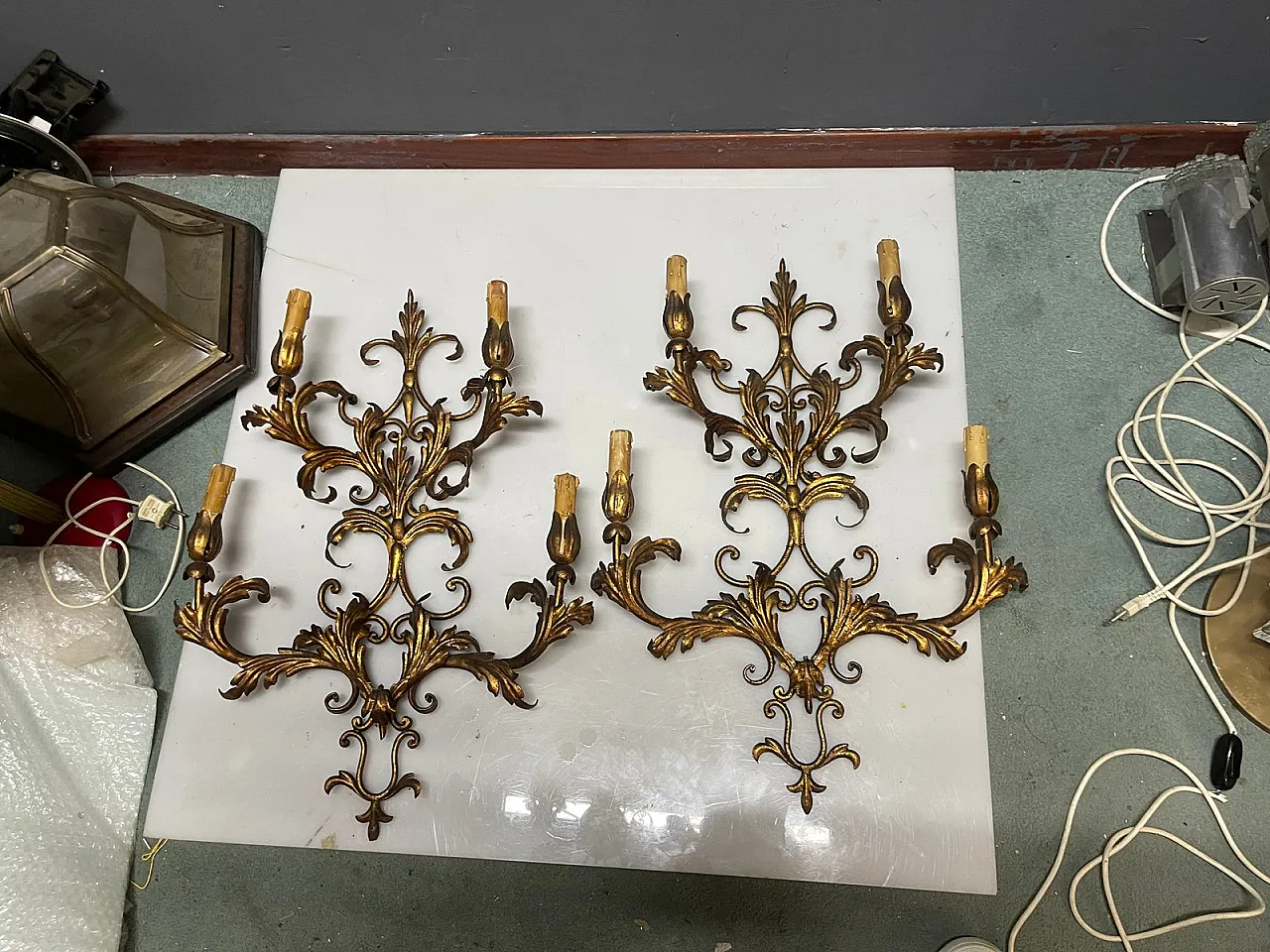 Large golden Florentine wall lights, 1960s, set of 2 10