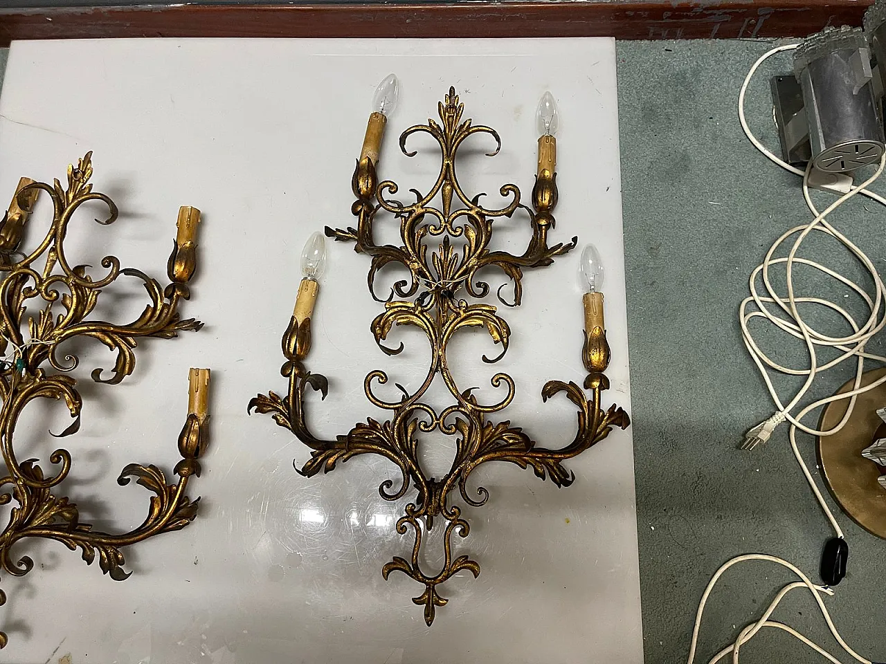 Large golden Florentine wall lights, 1960s, set of 2 11