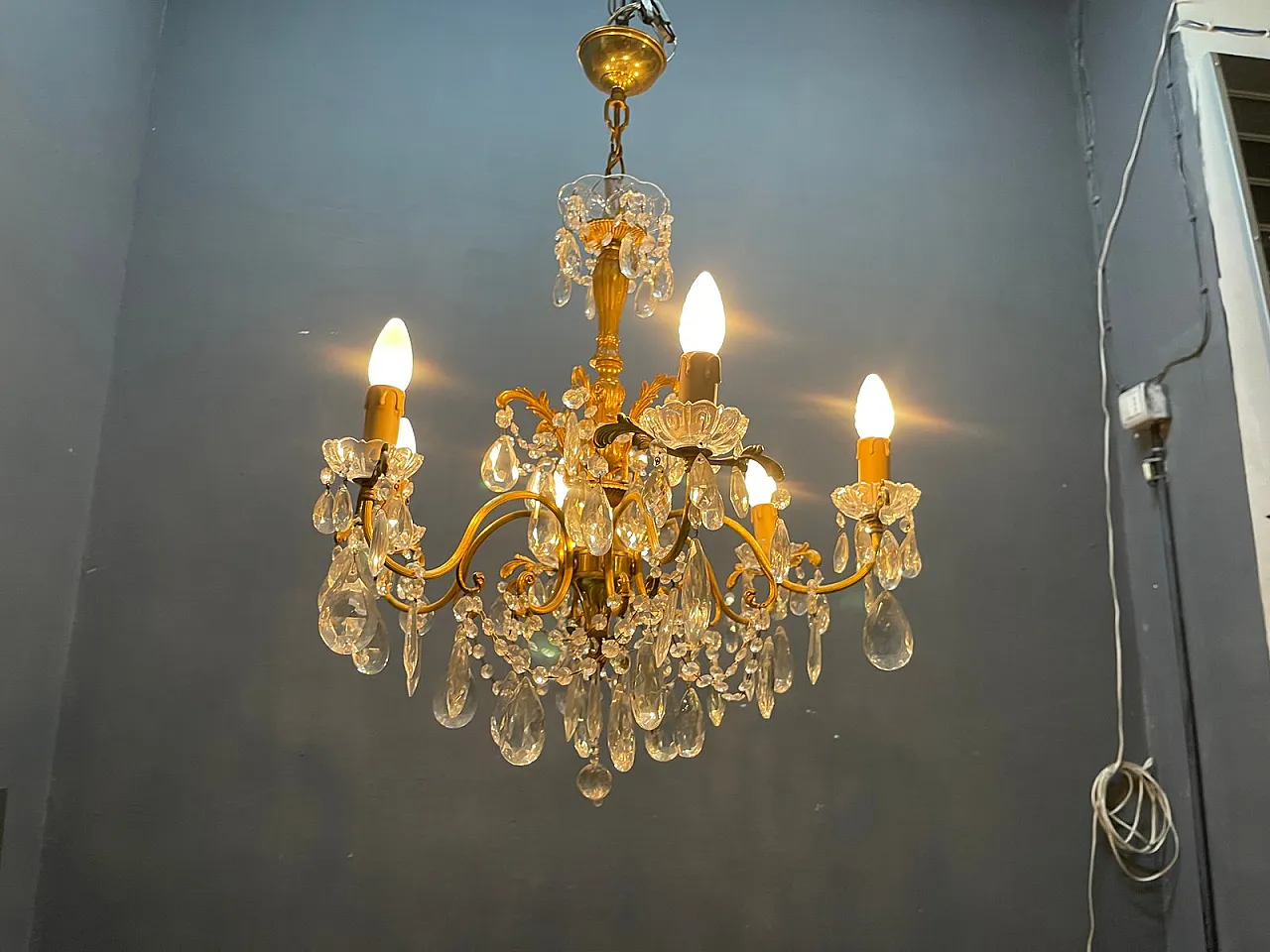 Brass and crystal chandelier, Italy, 1950s 3