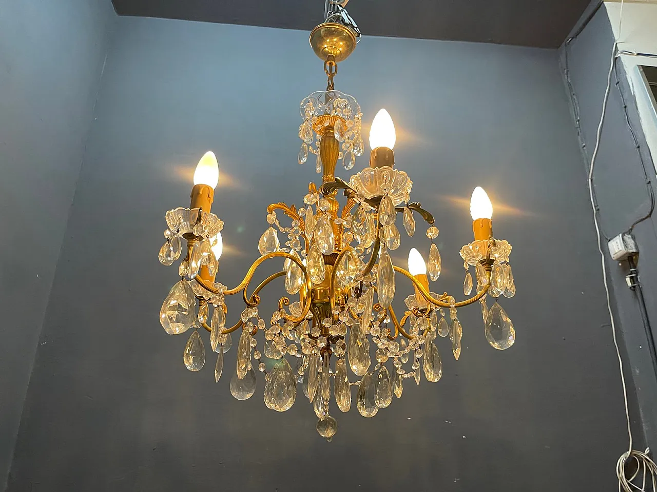 Brass and crystal chandelier, Italy, 1950s 9