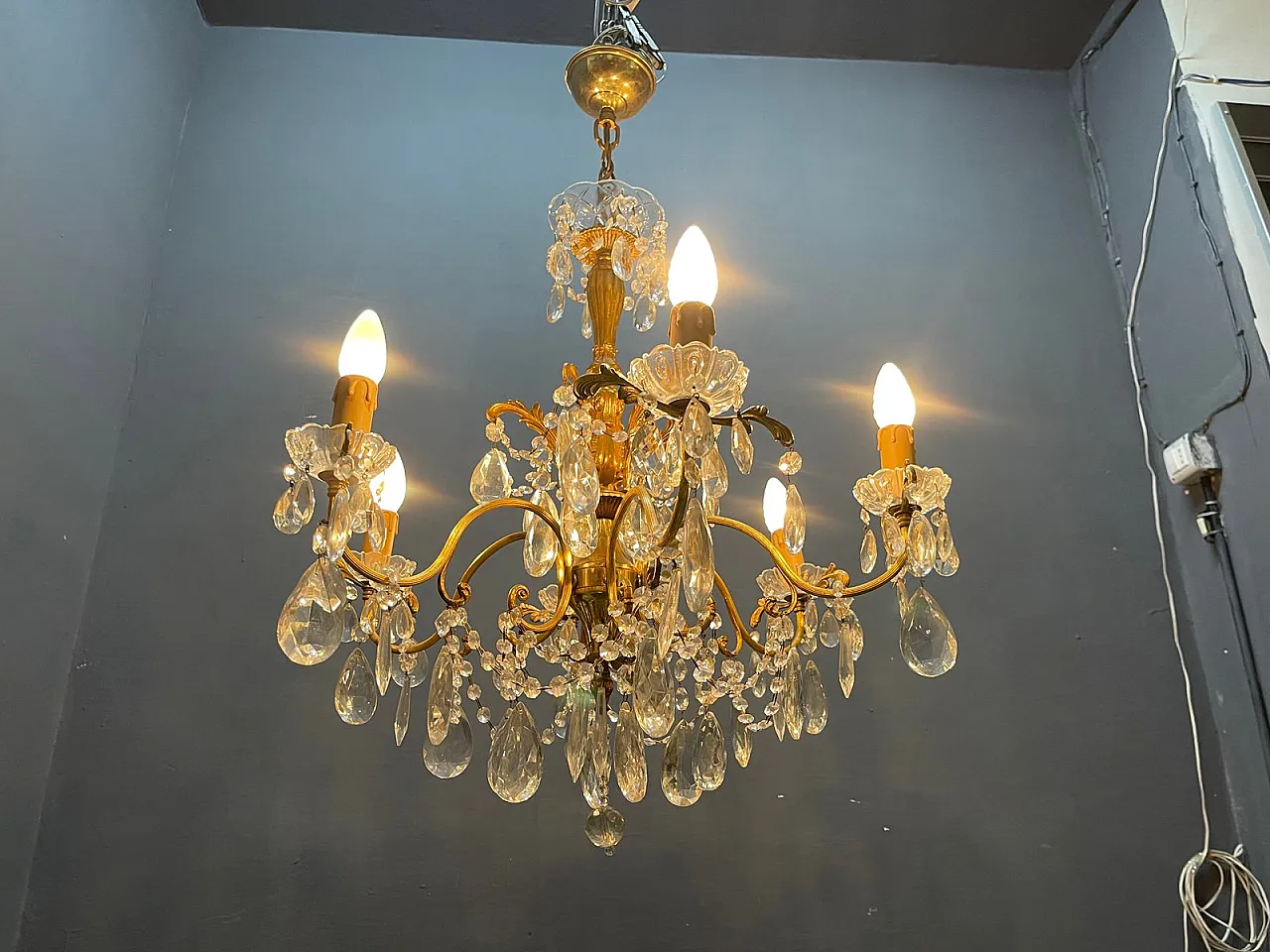 Brass and crystal chandelier, Italy, 1950s 13