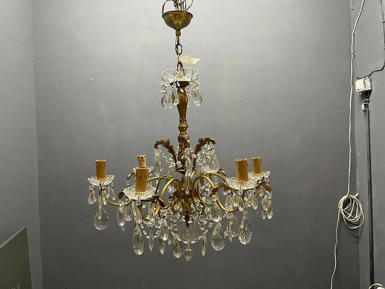 Brass and crystal chandelier, Italy, 1950s 15