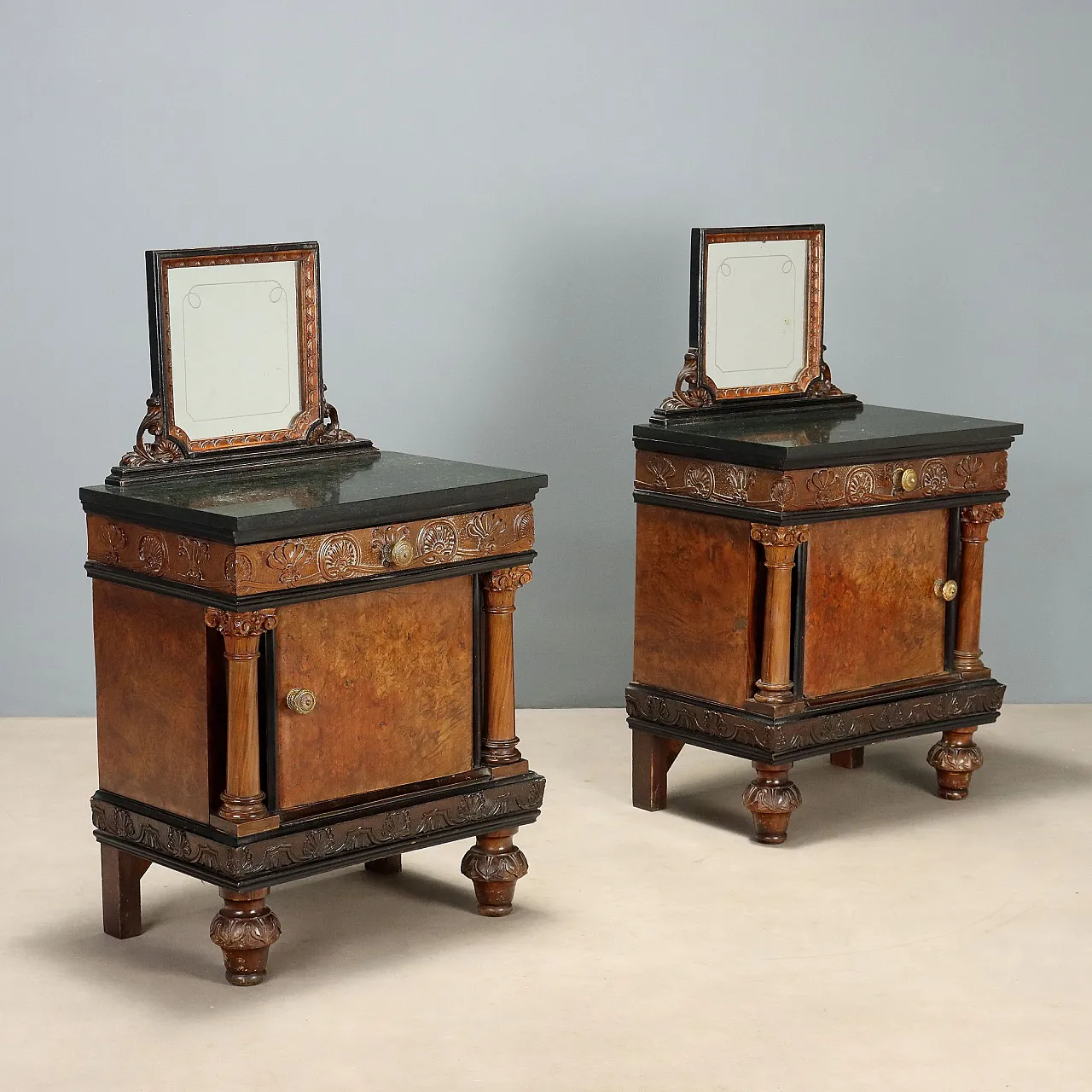 Pair of walnut and walnut burl bedside tables, mid-20th century 1