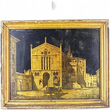A. Marini, Basilica San Fermo Verona, Painting on Glass Slab, 20th c.