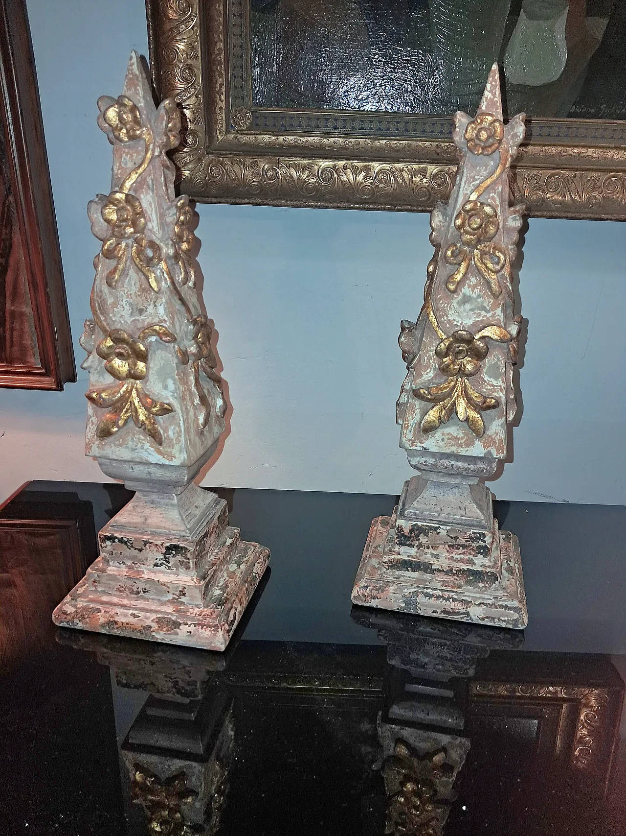 Pair of carved and gilded wood obelisks, 1980s 4
