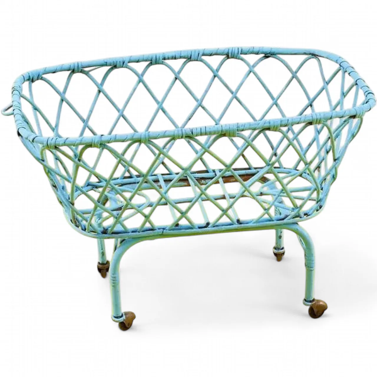 Bamboo wicker Blue Bassinet on wheels, 1960s 5
