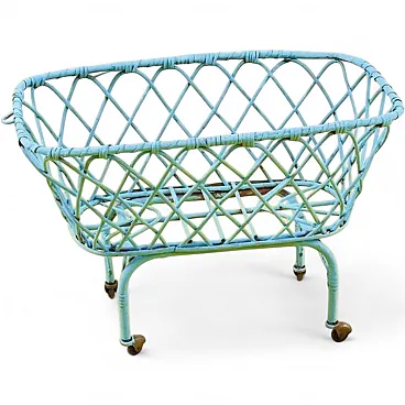 Bamboo wicker Blue Bassinet on wheels, 1960s