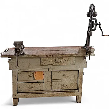 Wooden Work bench with Vice and Drill, 1930s