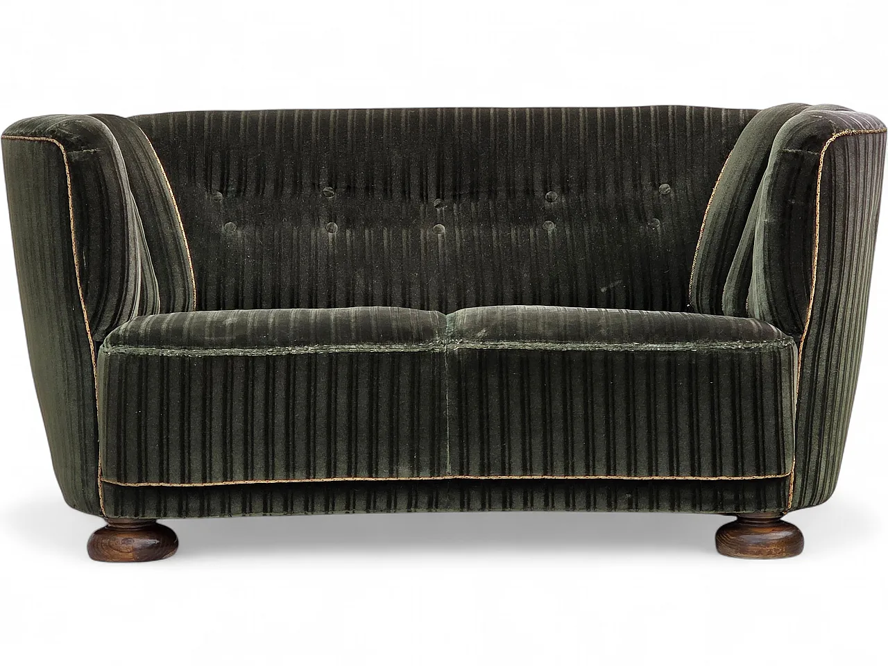 1960s, Danish 2-seater curved sofa, furniture velour, oak wood. 18
