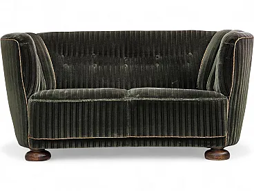 1960s, Danish 2-seater curved sofa, furniture velour, oak wood.