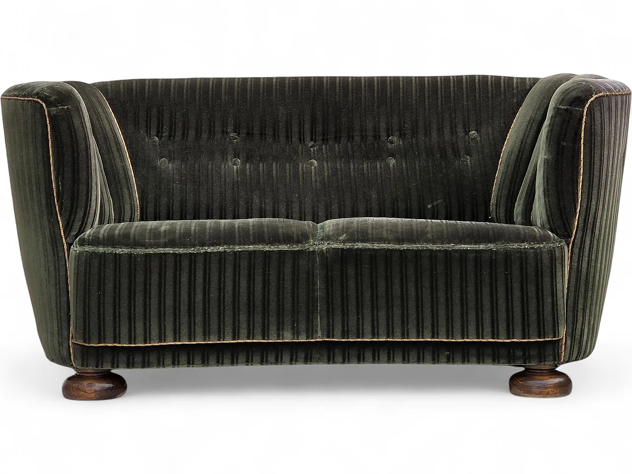 1960s, Danish 2-seater curved sofa, furniture velour, oak wood. 19