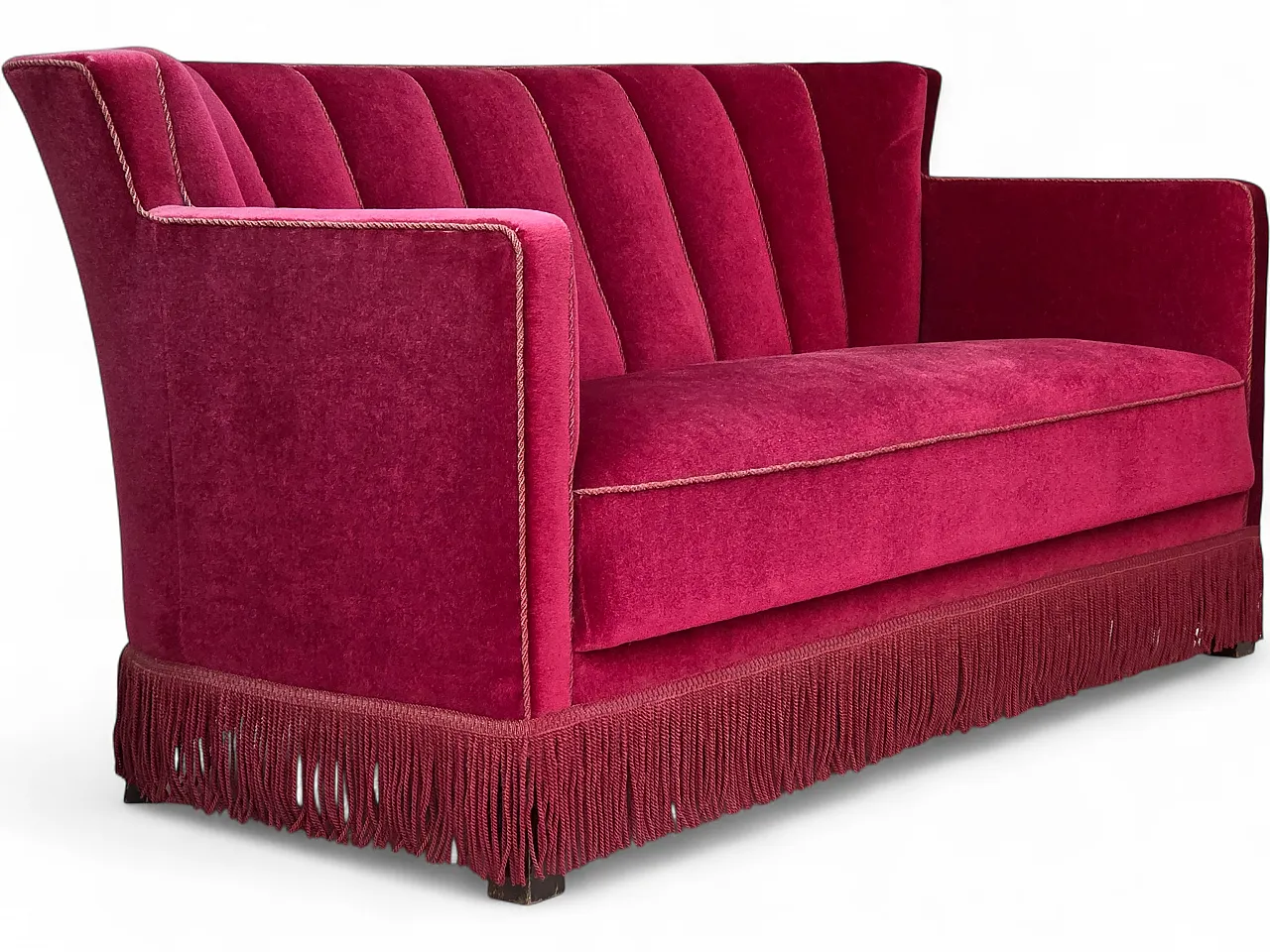 1960s, Danish 2-seater sofa, red furniture velour, ash wood legs. 20