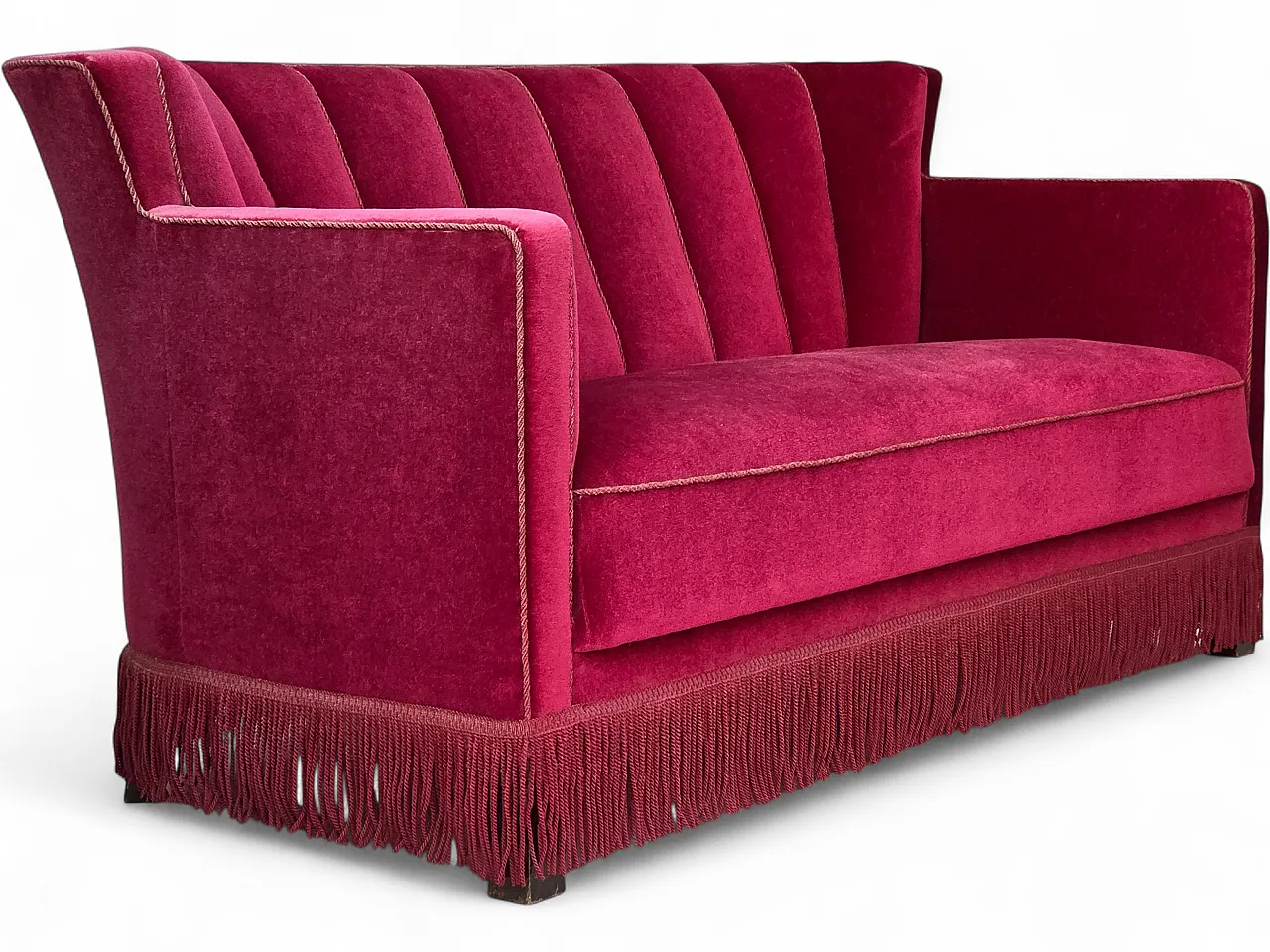 1960s, Danish 2-seater sofa, red furniture velour, ash wood legs. 21