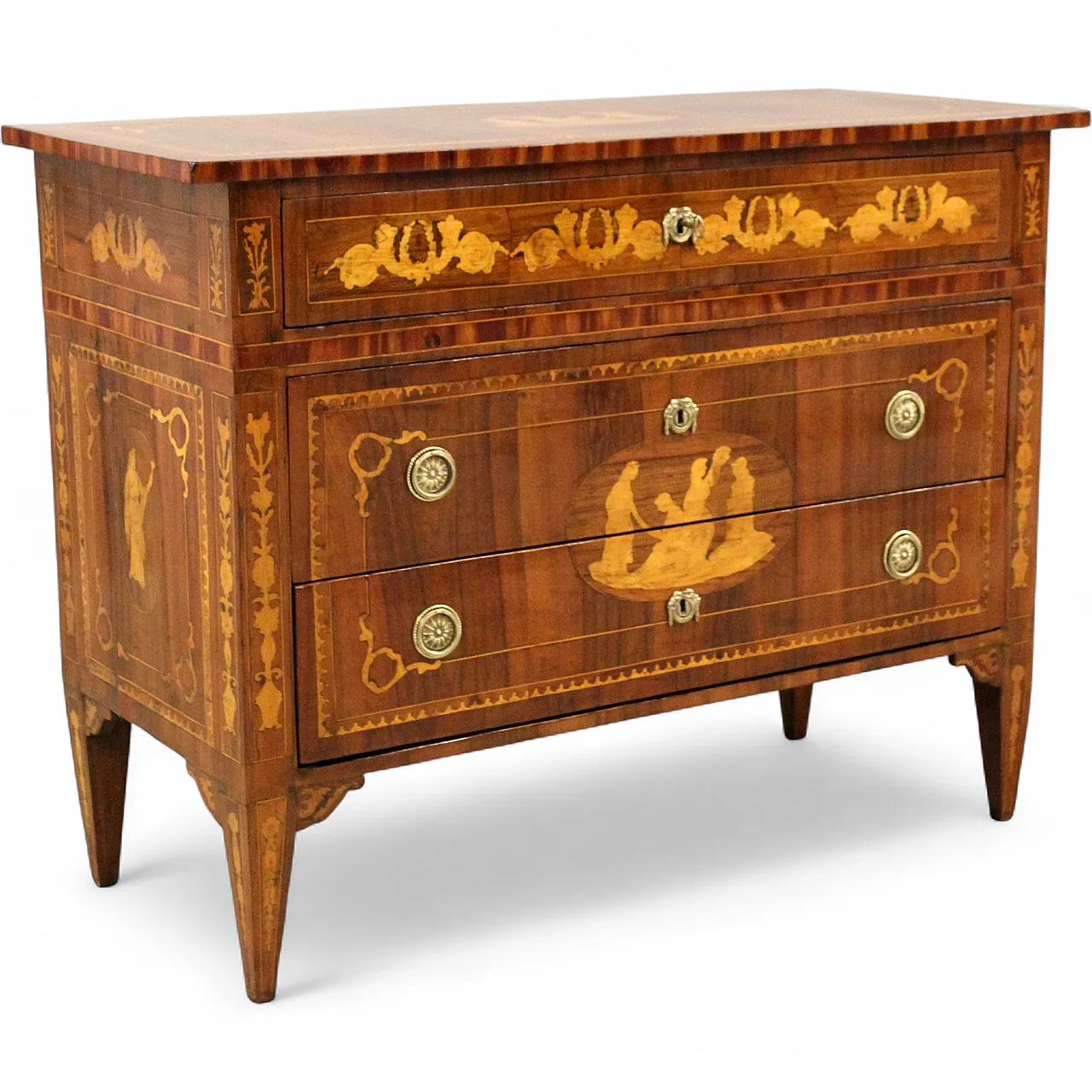 Louis XVI chest of drawers in inlaid walnut, 19th century Italy 16