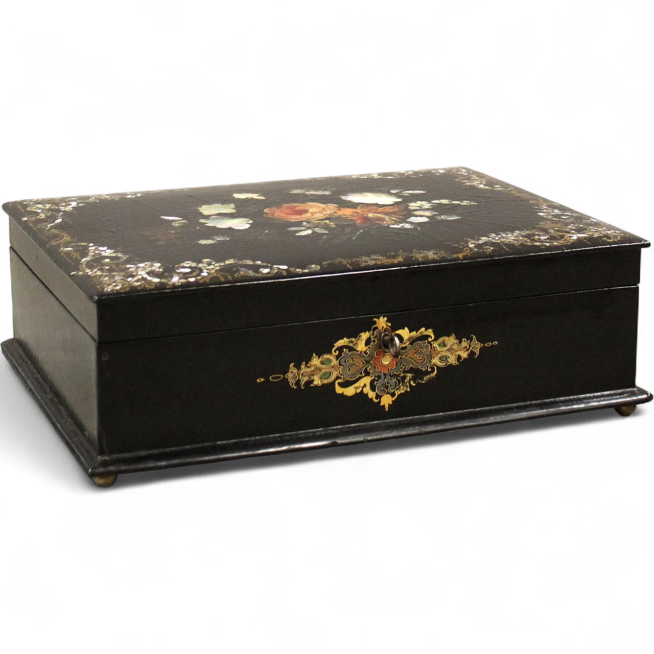 19th century inlaid painted lacquered wooden casket box 16