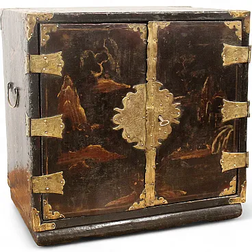 19th century painted lacquered wood travel jewelry cabinet