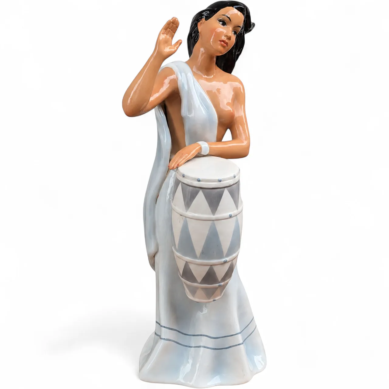 Rare glazed ceramic sculpture of a woman with a drum by Ronzan, 1950s 8