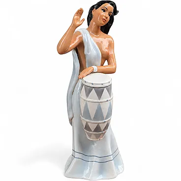 Rare glazed ceramic sculpture of a woman with a drum by Ronzan, 1950s