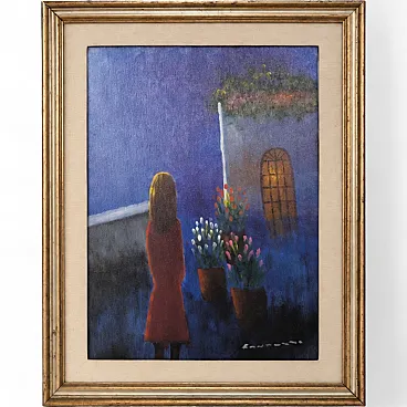 Oil on canvas by Eliano Fantuzzi with a woman in the night, Italy, 1970s