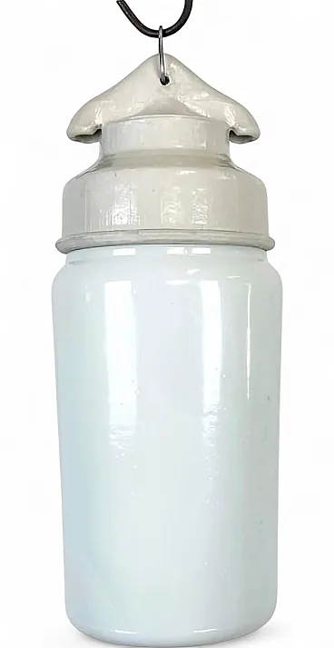 Industrial White Porcelain Pendant Light with Milk Glass, 1970s