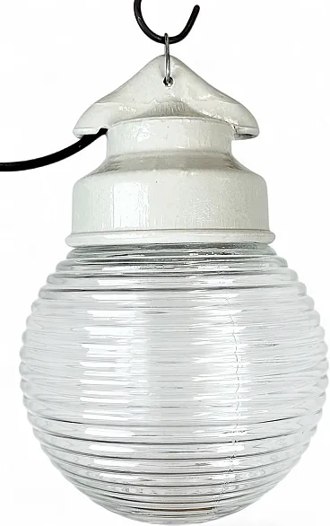 Industrial White Porcelain Pendant Light with Ribbed Glass, 1970s