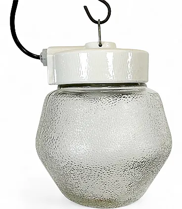 Vintage White Porcelain Pendant Light with Frosted Glass, 1970s