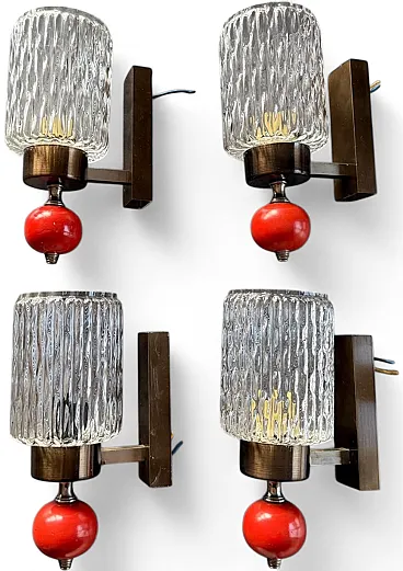 4 Vintage Aluminum and Textured Glass Wall Sconces, 70s