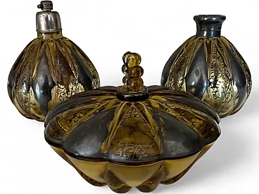 Set da toilette vintage italiano in vetro ambrato con decorazioni in argento, anni '40