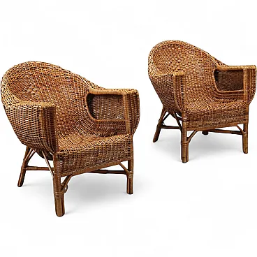 Coppia di poltrone in vimini e bambù, metà '900