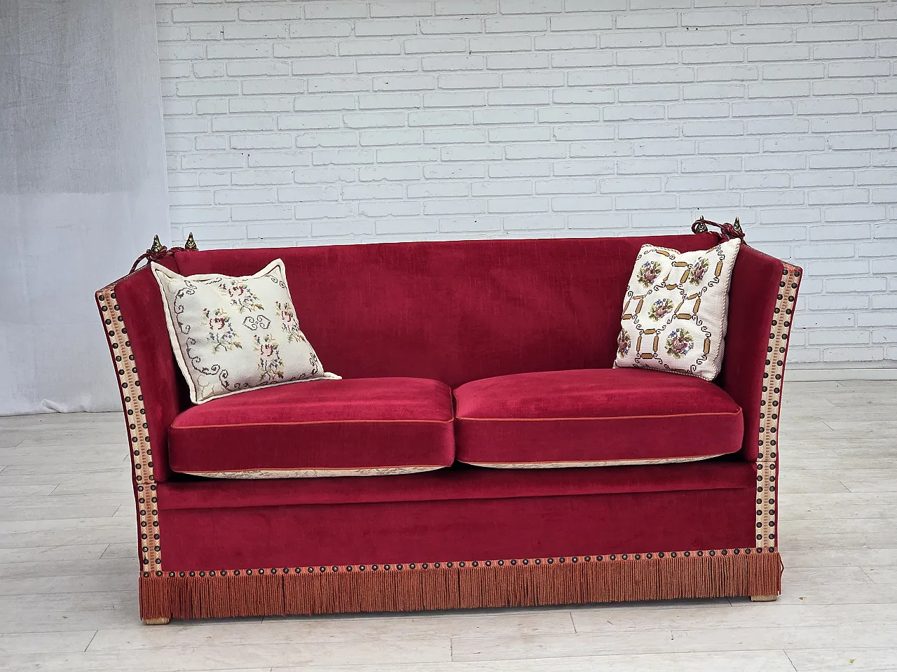 1970s, Danish 2-seater "Spanish" drop arm sofa, furniture velour. 1