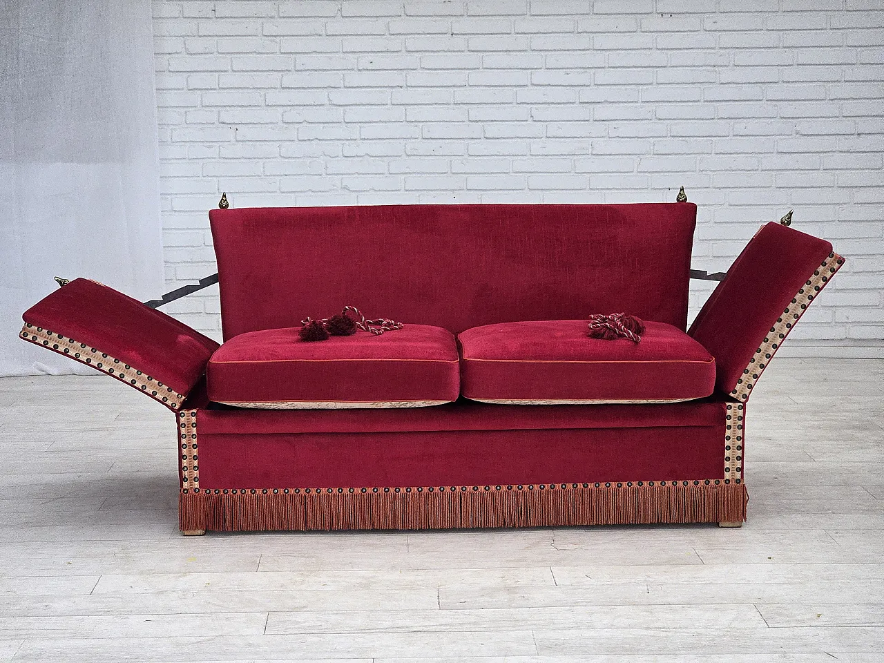 1970s, Danish 2-seater "Spanish" drop arm sofa, furniture velour. 20